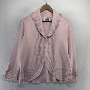 Vintage Storybook Knits Cardigan Women's Medium Pink Floral Tassle Bedazzled 90s